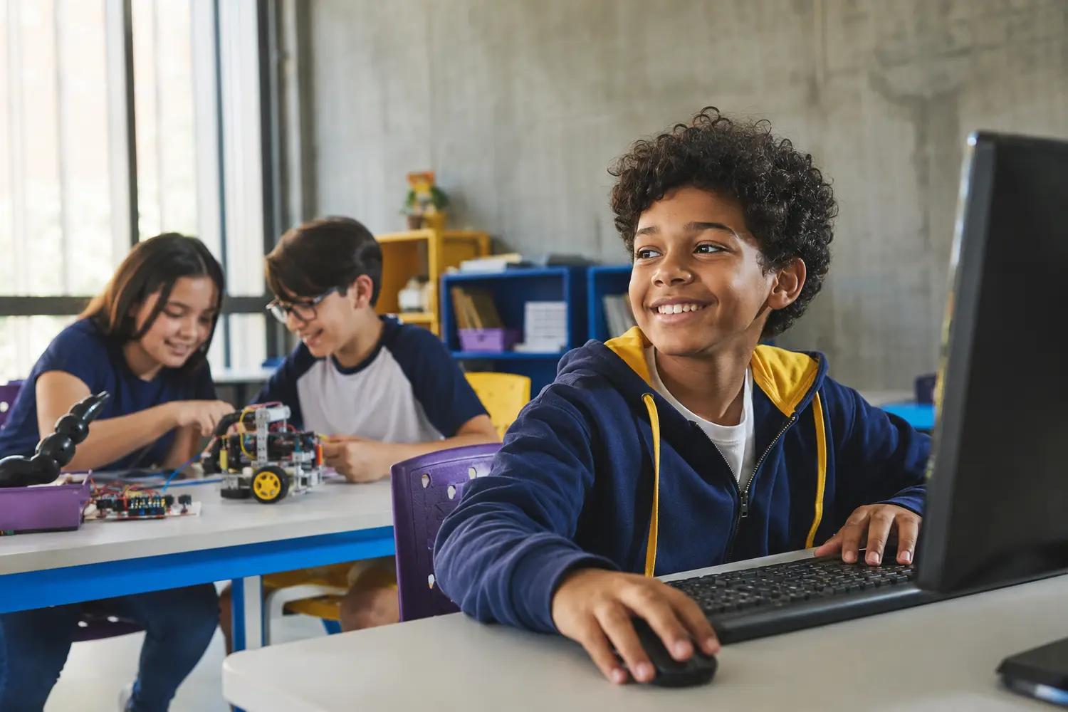 Crianças aprendendo programação e robótica em sala de aula