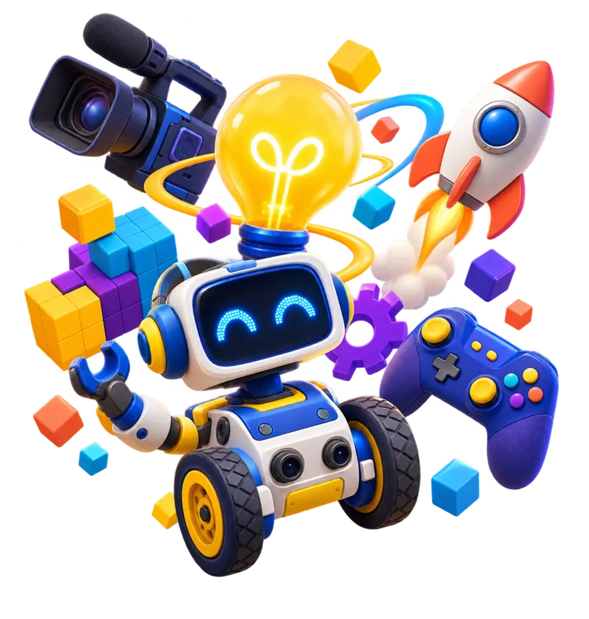 Ilustração com robô, câmera, blocos, foguete e controle de videogame